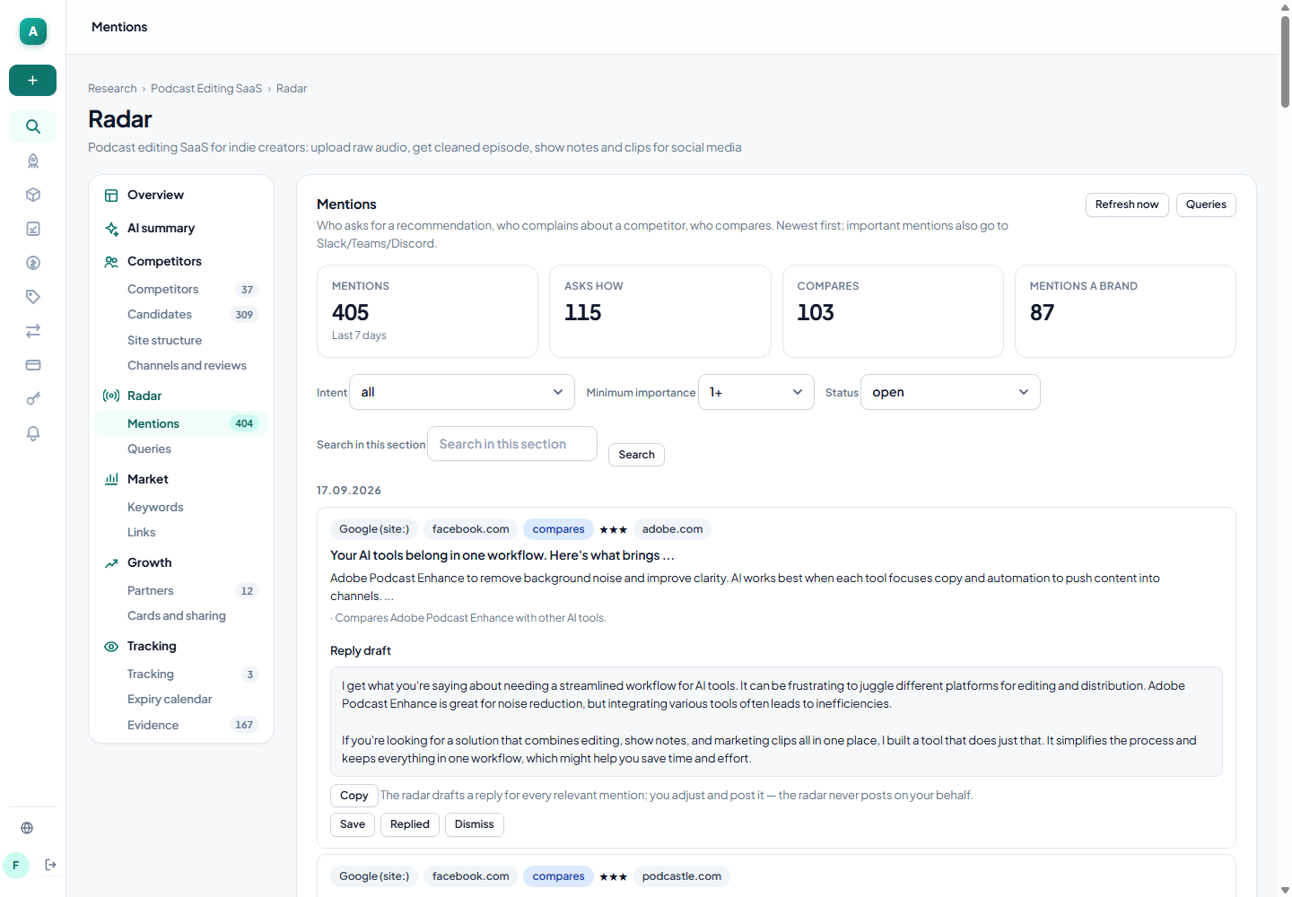 Original mentions and reply draft screen from the application