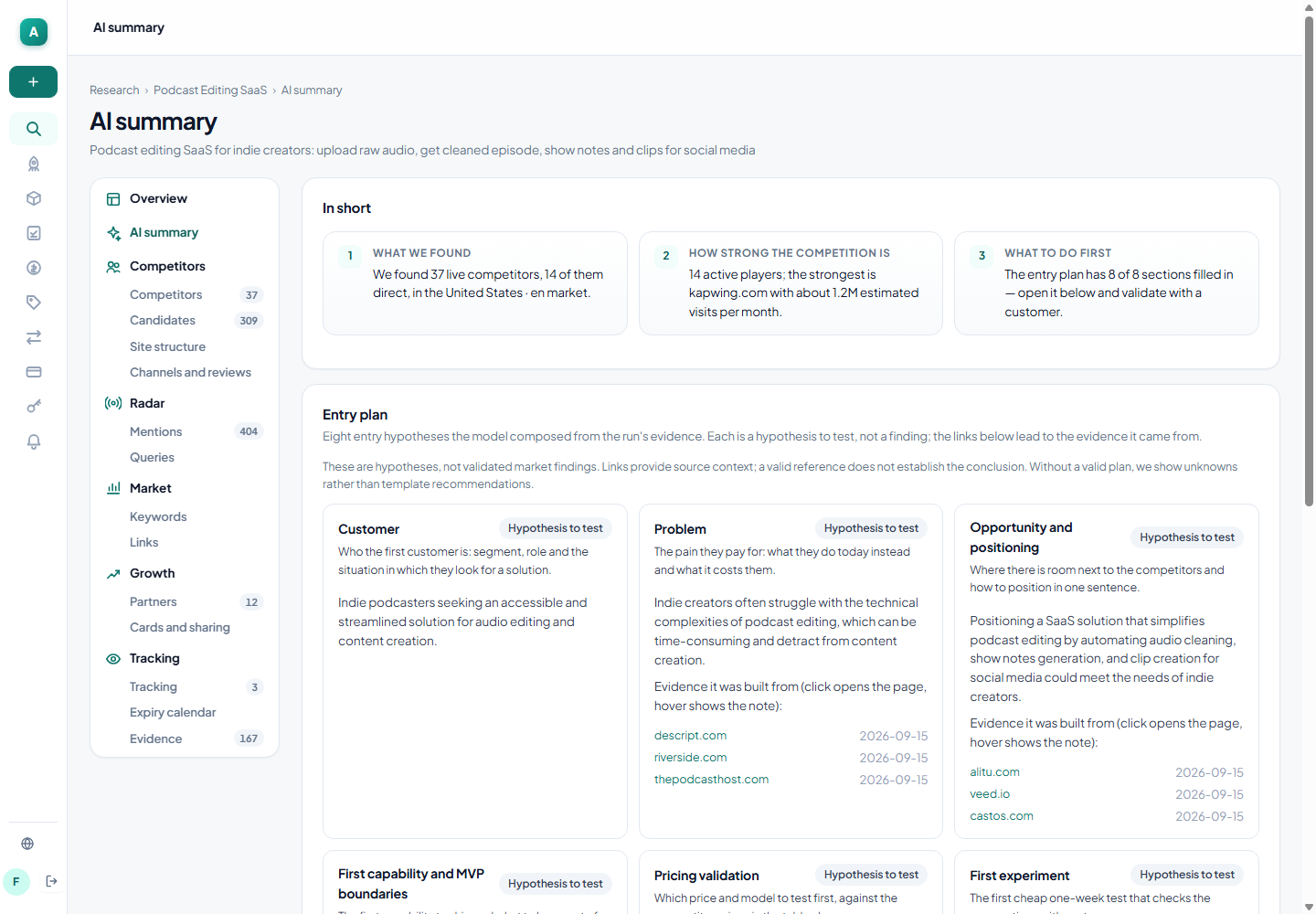 Original AI summary and entry plan from the application